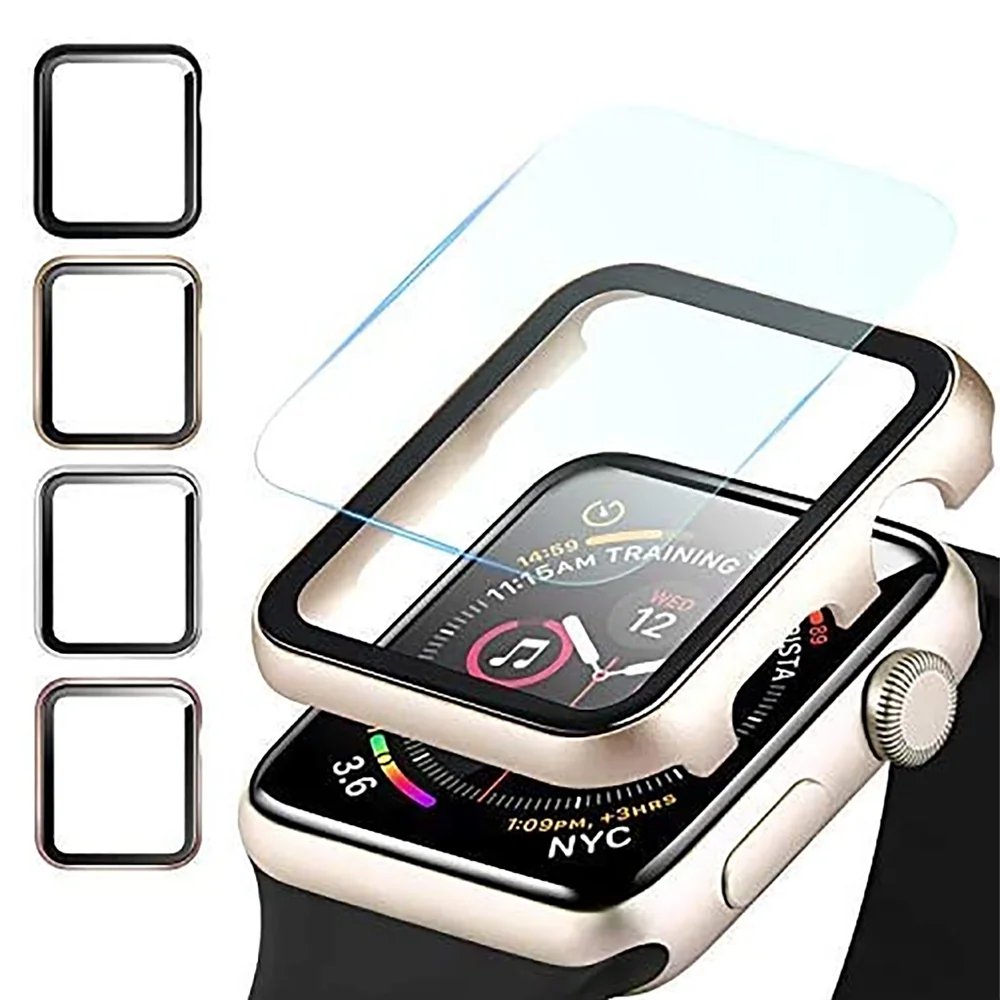 Cover for Apple Watch case 45mm 41mm 44mm 42mm 40mm 38mm Metal Aluminum Frame Bumper Tempered Glass Protector series 6 SE 5 3 7