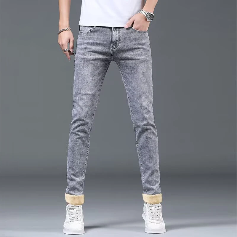 Men Fashion Versatile Gray Street Denim Pants Male Winter Thermal Hot Sale Jeans Youth Popular Narrow Leg Warm Plush Trousers