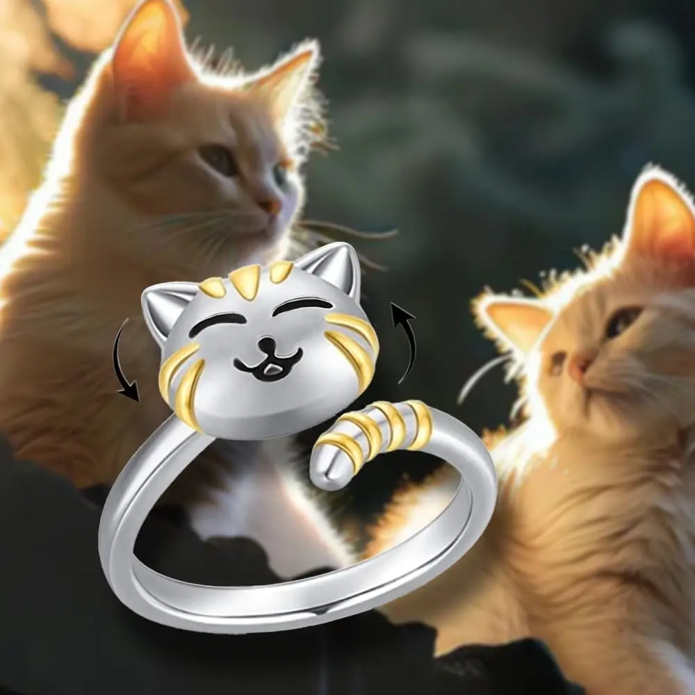 Cute Cartoon Cat Anxiety Relieve Spinner Rings Kitten Animal Anxiety Relieve Open Adjustable Fidget Ring Rotate Freely Jewelry