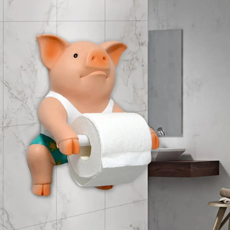 Pig Funny Toilet Paper Holder Wall Mount Animal Figurine Wall Art Decor Ornament Toilet Roll Holder for Restroom Washroom Home