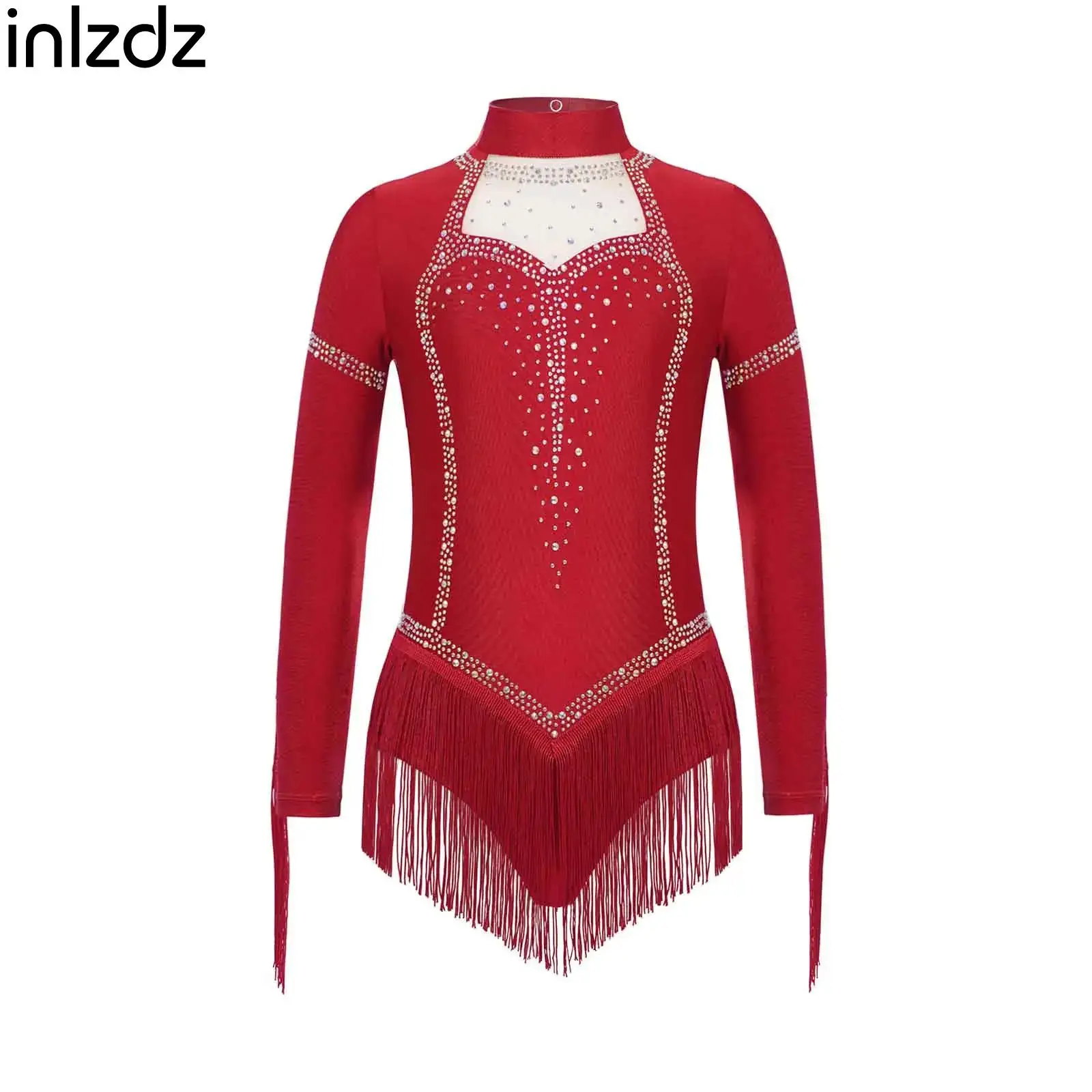 

Latin Tango Dance Leotard Kids Girls Long Sleeve Shiny Rhinestones Tassels Fringe Bodysuit Ballroom Samba Cha-cha Dance Leotards