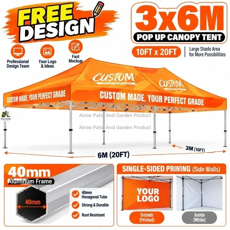 Custom Logo 3x6M 10x20FT Pop Up Canopy Tent 5 Package Options Single Sided Printed Side Walls Free Design Trade Show Booth