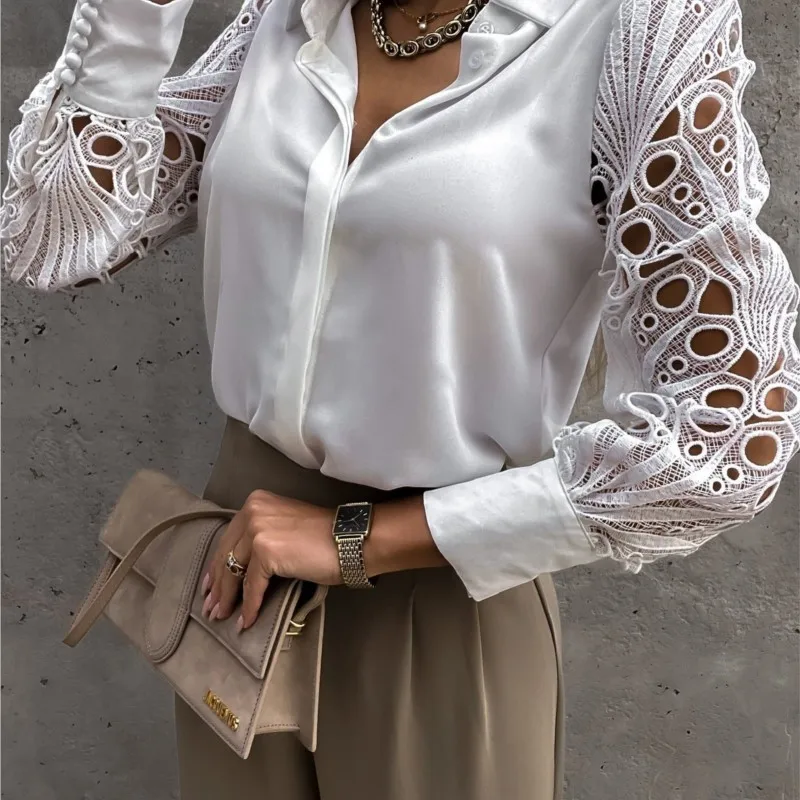 2024 Summer and Autumn Women\'s Chiffon Button High Collar Shirt Flower Lace Long Sleeve Top Fashionable Hollow Pure White Shirt