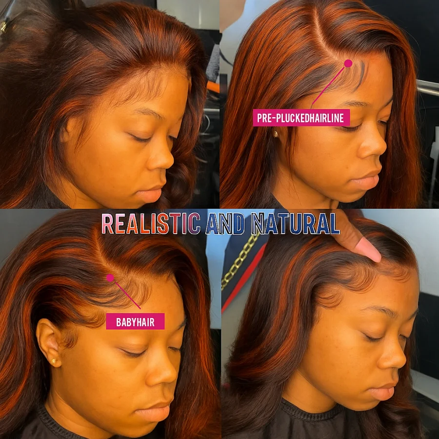 Wig Rambut Body Wave Transparan 5x5 dengan Lace Depan, Kepadatan 200, Warna Cokelat Jahe, Wig Rambut Brasil dengan Baby Hair untuk Wanita