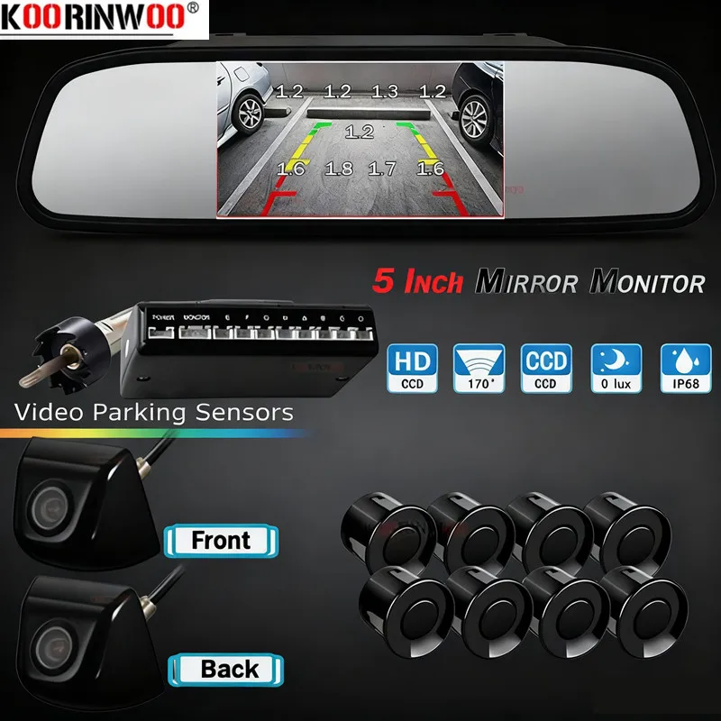 

Комплект автомобильных датчиков Koorinwoo 8, система парктроника, парковочный радар, детектор со звуками, металлическая камера, зеркальный монитор, передняя и задняя камера