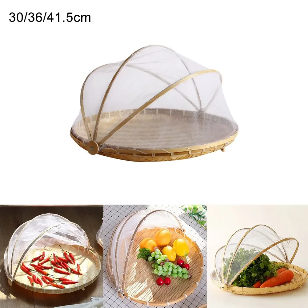 Anti-mosquito Food Serving Tent Basket Tray Hand-Woven Vegetable Bread Storage Basket Portable Outdoor Picnic Mesh Net Cover