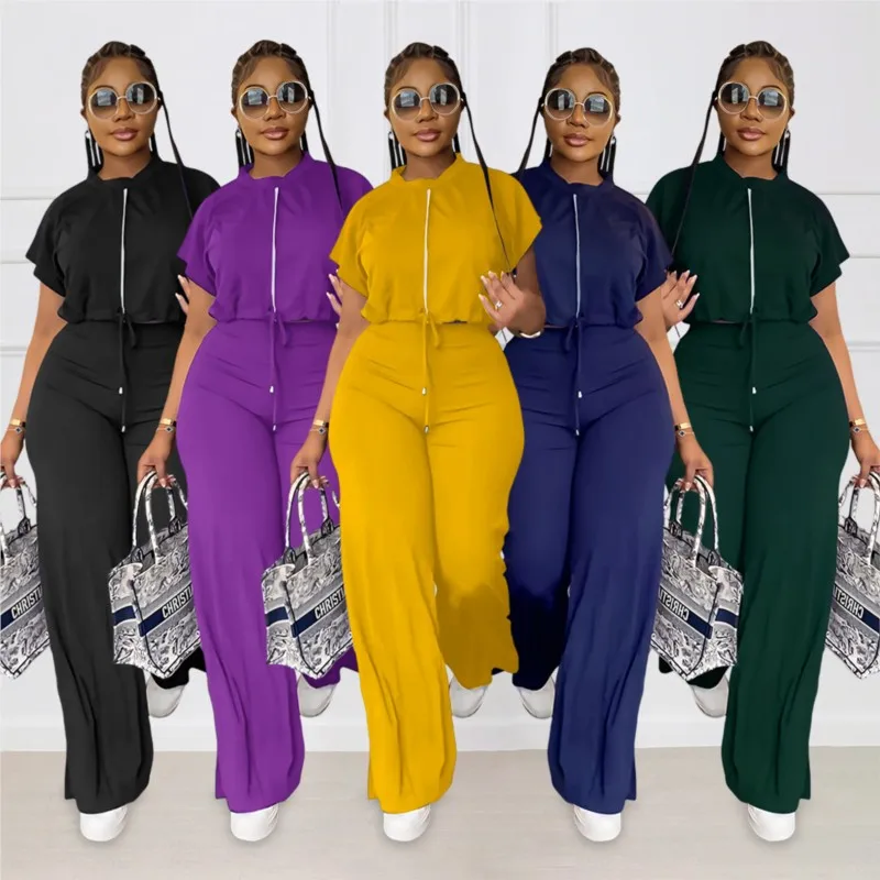 

Women Casual Round Neck Drawstring Short Sleeve Top & High Waist Pants Set Summer Solid Two Piece Suit Sets Outfits Set Female