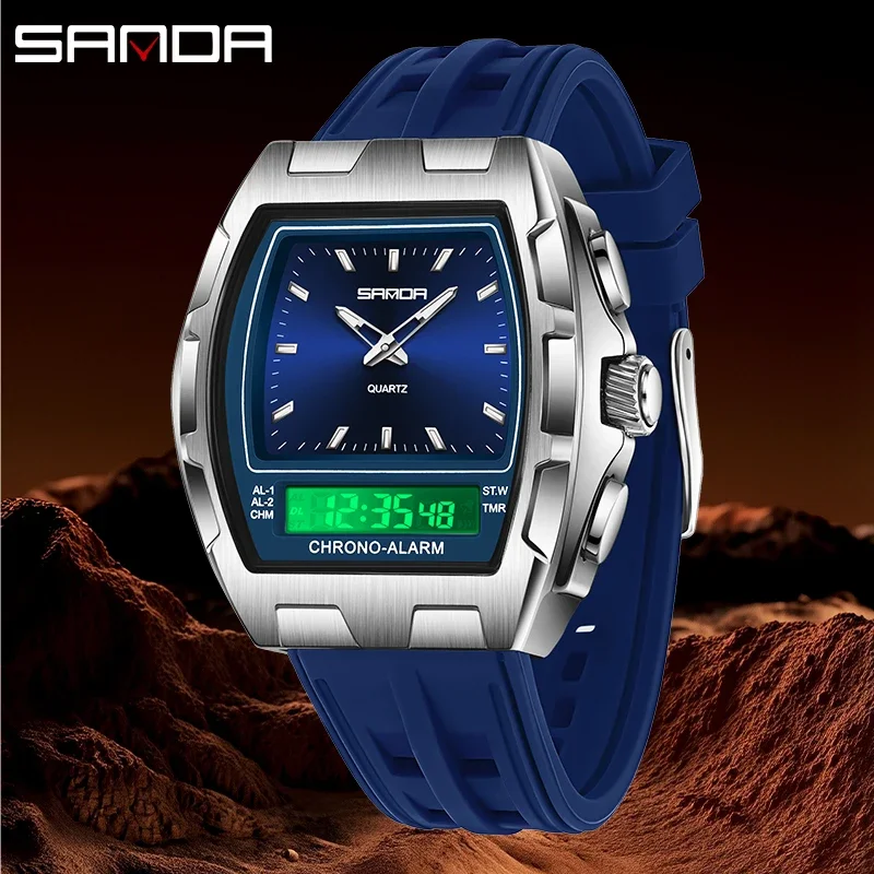 SANDA Fashion Men Quartz Watch Big Dial LED Analog Digital Sports Clock 5Bar Waterproof Luminous Electronic Chronograph Watch