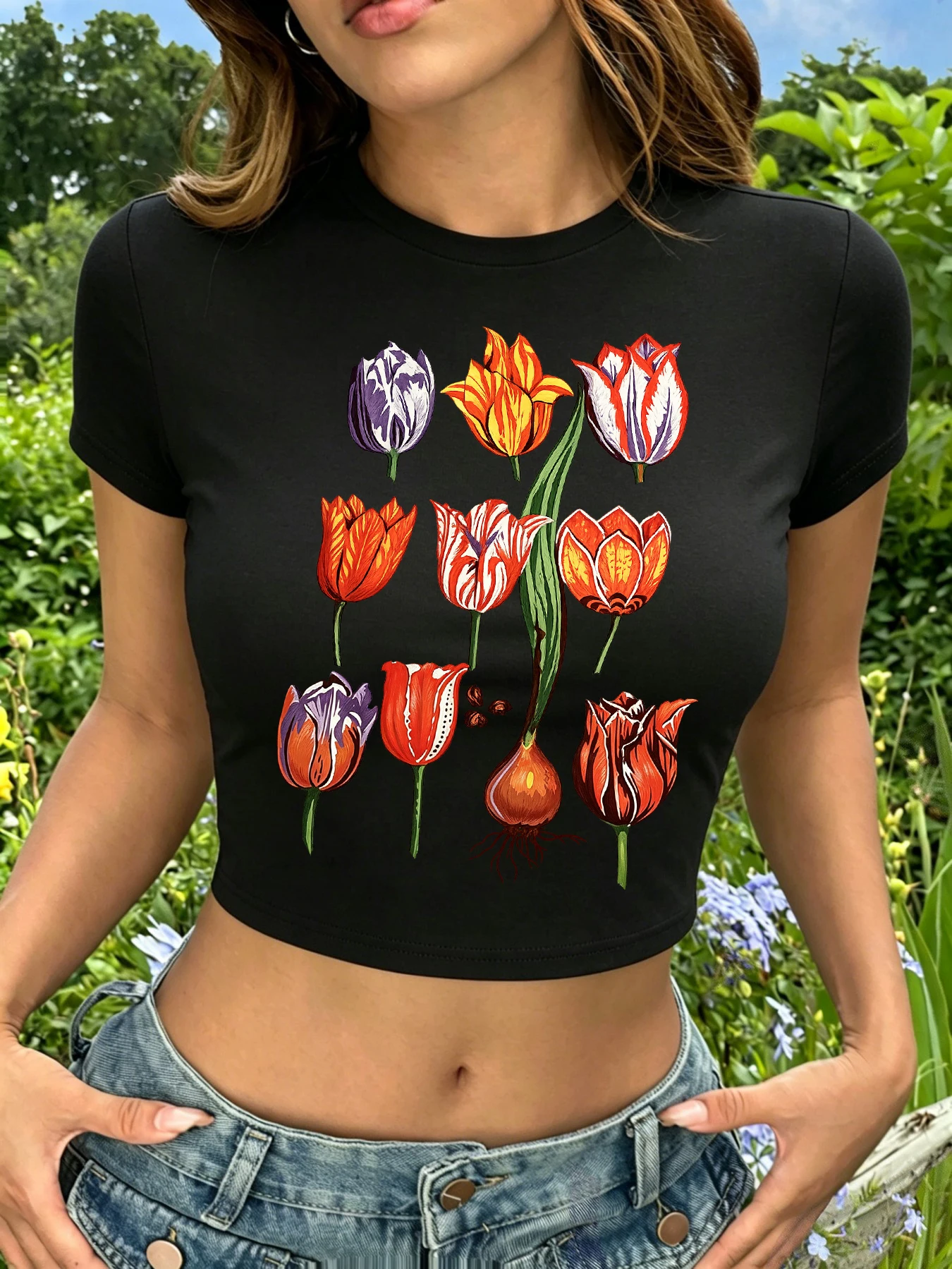 Eternal Augustus Tulip Print Women T Shirt Summer Comfortable Crop T-Shirt Cotton O-Neck Top Slim Elasticity Y2K Short Sleeve