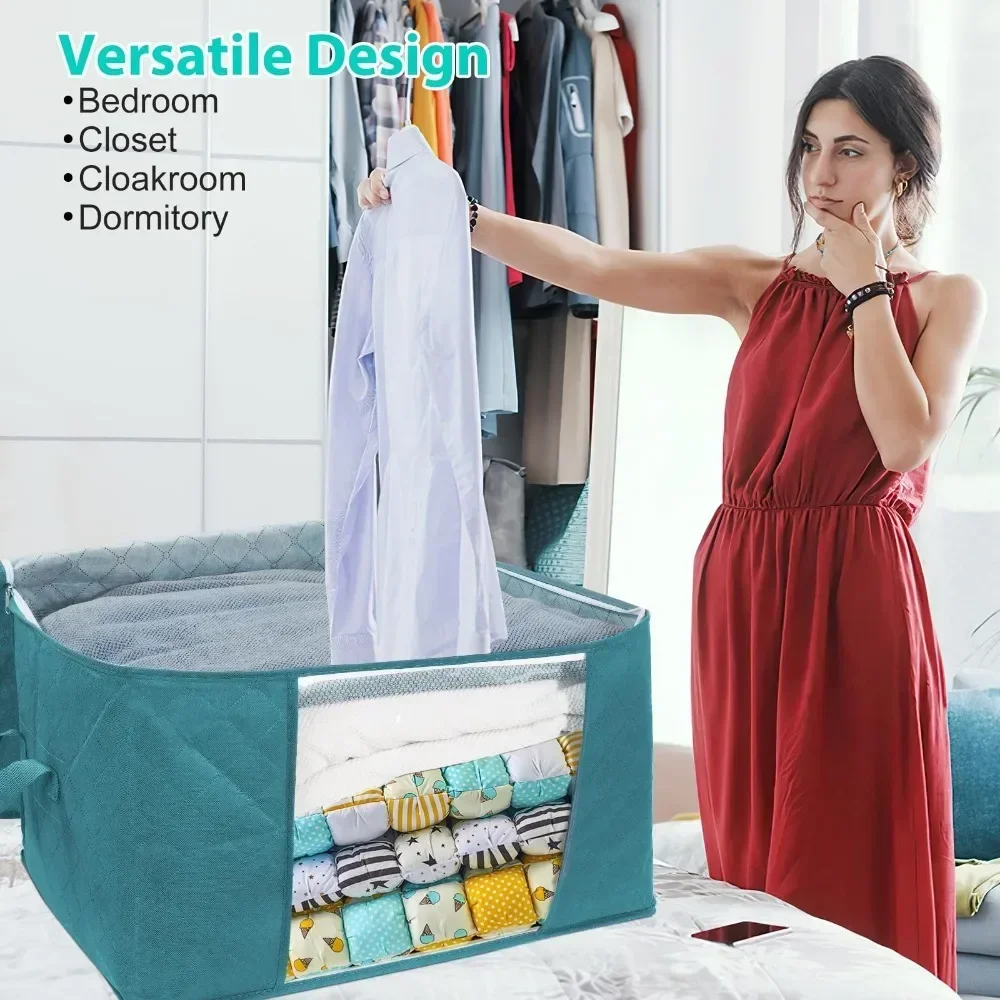 Clothing Storage Box Cotton Quilt Organizer Box Transparent Foldable Wardrobe Large Capacity Closet Pouch Dustproof Storage Bag