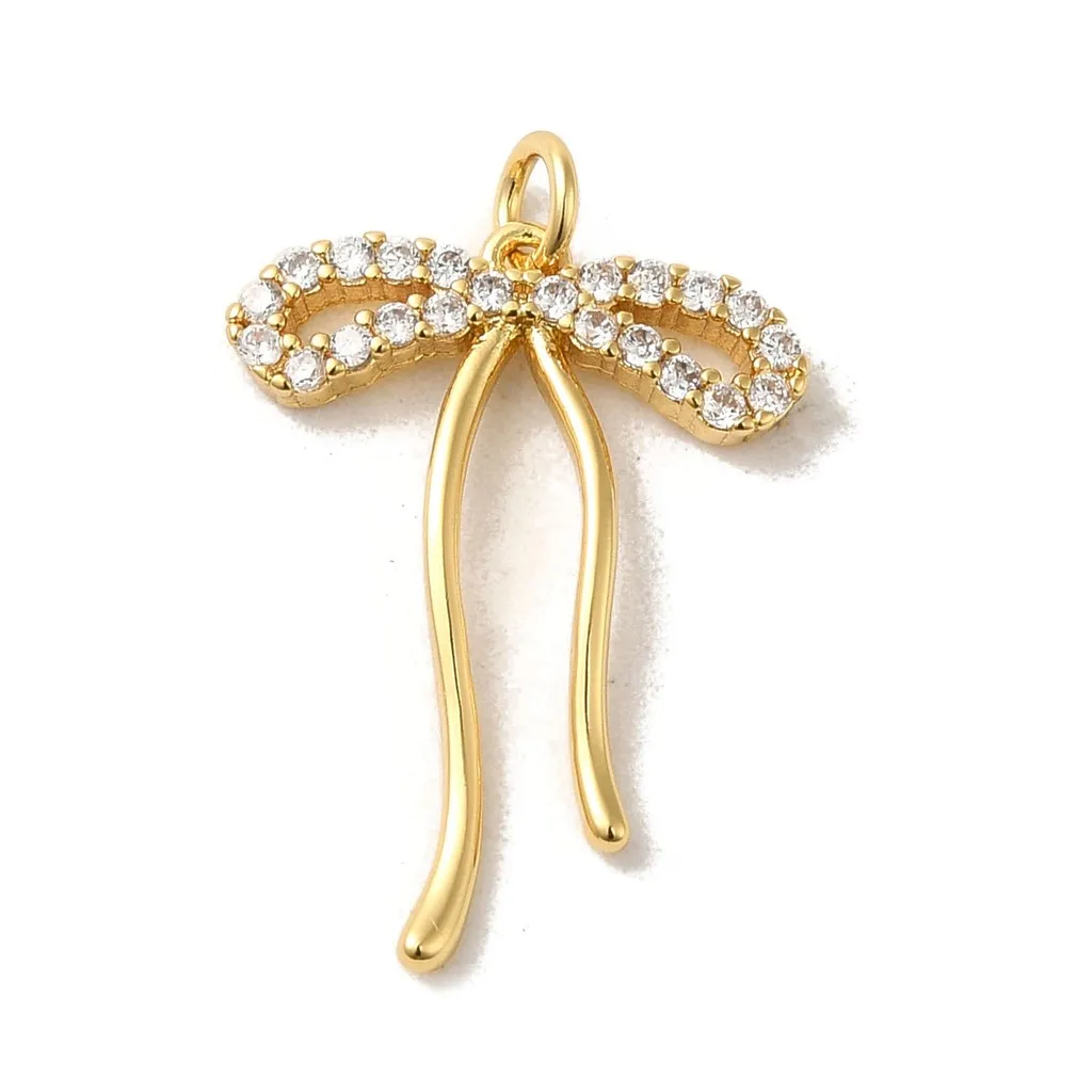 10pcs Golden Brass Micro Pave Clear Cubic Zirconia Bowknot Pendants Charm for Jewelry Making Accessories