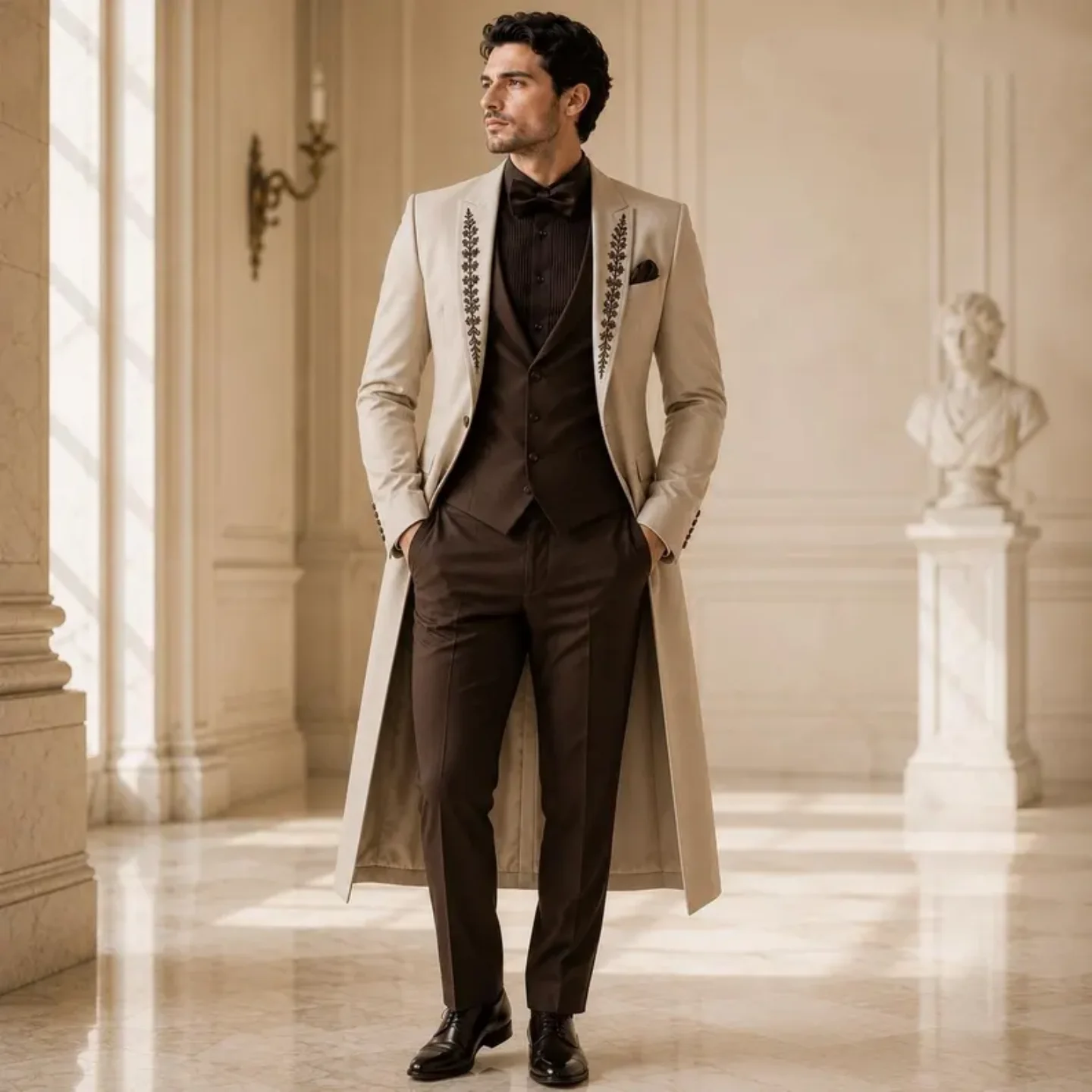 3 Piece Long Coat Suit Cream Beige Contrast Brown Men Brown Leaf Notch Lapel Waistcoat Pants Victorian Wedding Groom Customized