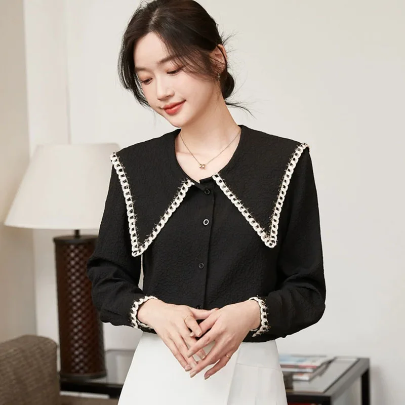 2025 New Fashion Women's Chiffon Blouse High End Large Pointed Collar Jacquard Shirts Female Versatile Stylish Long Sleeve Shirt
