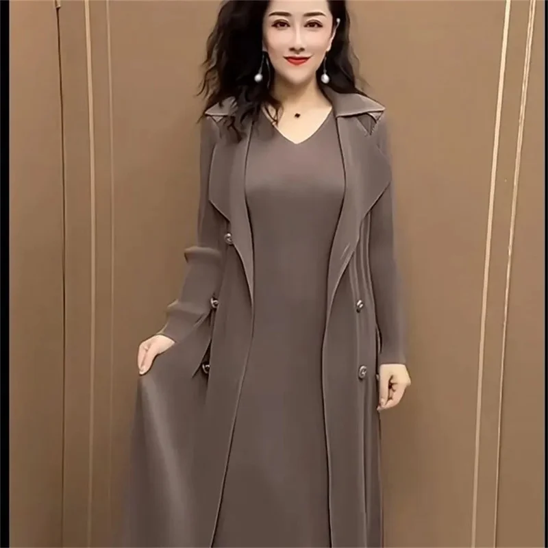 Spring Autumn Fashion Slim Pleated Suit Collar Fake Two Piece Windbreaker Coat Comfortable Waist Shrinking Elastic Dress Belt