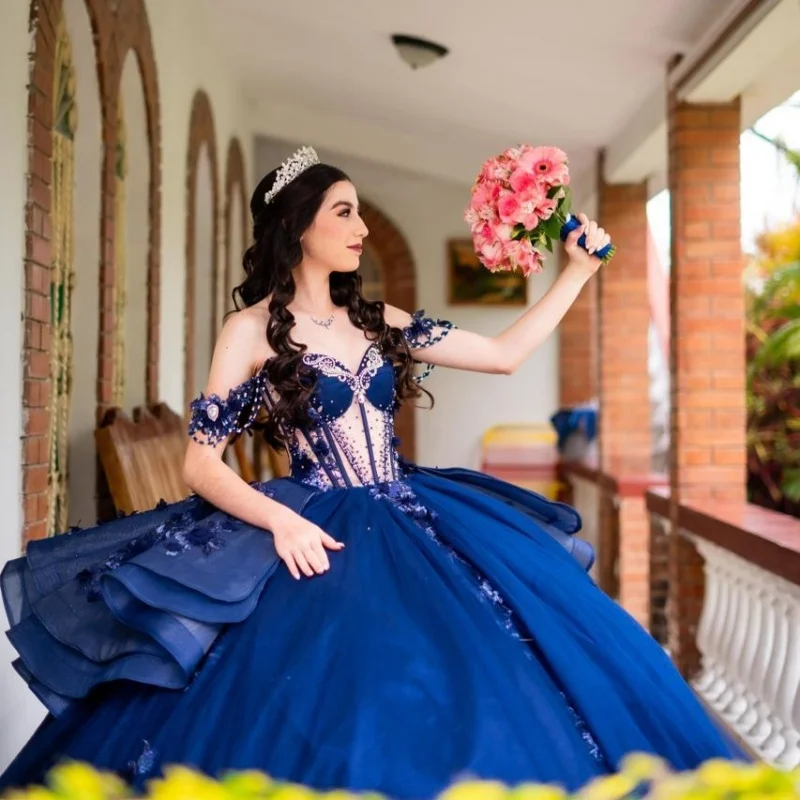 

Shiny dark blue Quinceanera Dress off-shoulder crystal 3D flower Decal Long tail Bow Vestidos De 15 Quinceanera ﻿Customize