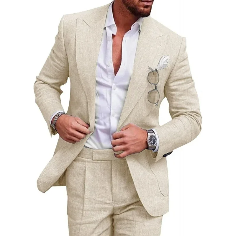 High Quality Linen Suits for Men 2 Piece One Button Male Suit Slim Fit Fashion Casual Wedding Party Solid Smart Casual Suits Man