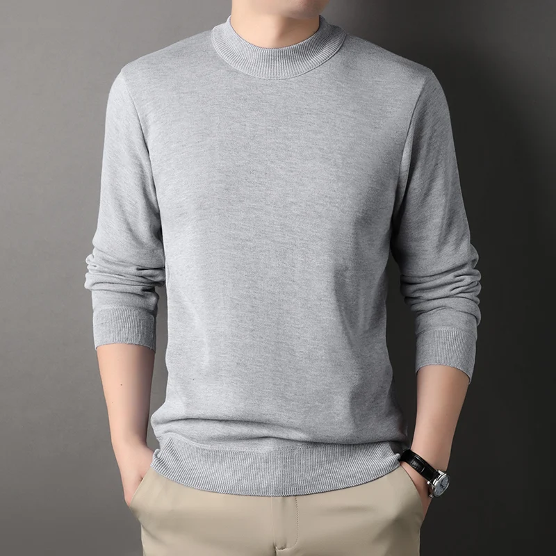 Mens Round Neck Sweater Fleeced Knitwear Solid Color Velvet Jumpers Slim Fit Elegant Luxury Brand Brown Knitted Sweaters