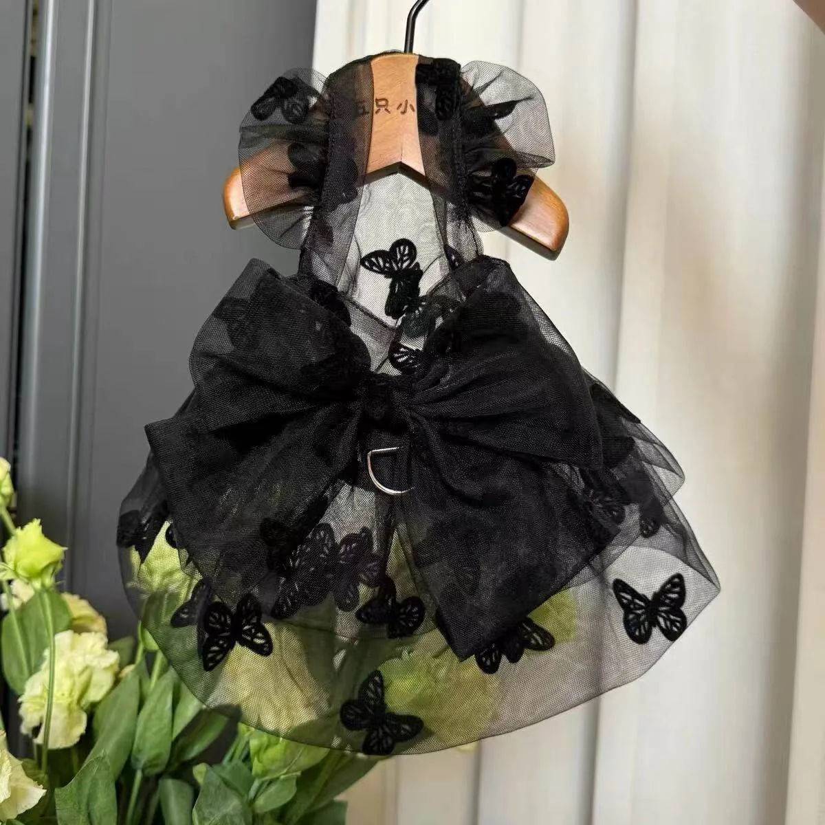 Schwarzes Schleifenkleid für Welpen, Modische Sommerkleidung für Haustiere, Niedlicher Teddy-Netzrock im Japanischen Stil