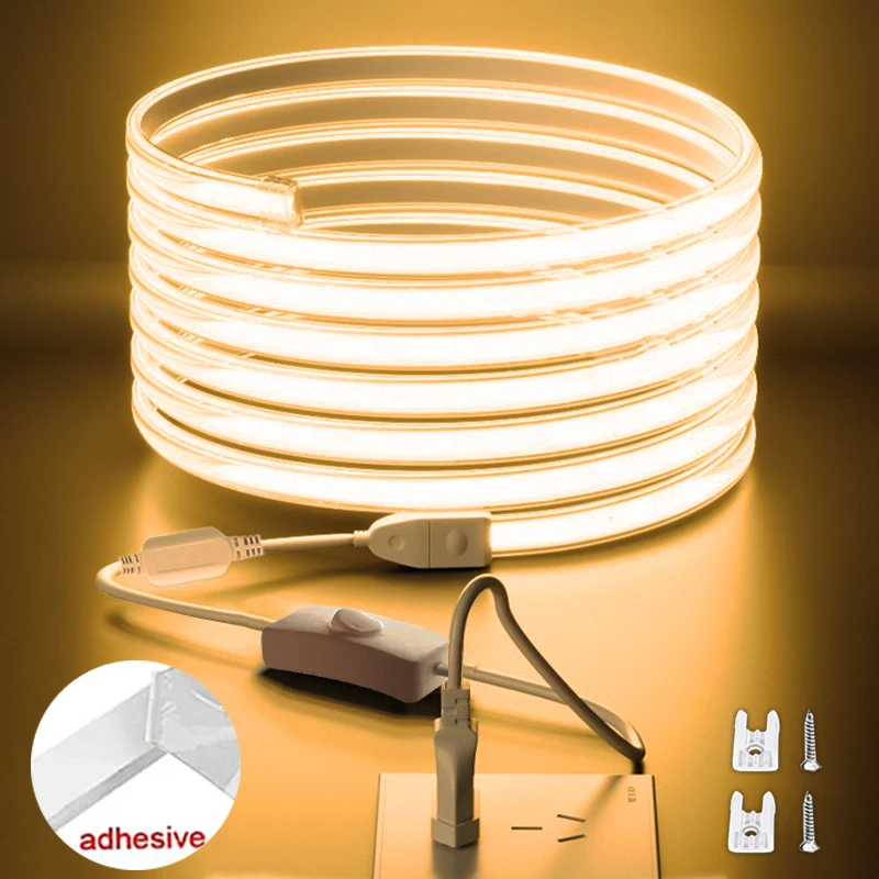 Taśma Led 220V z włącznikiem/wyłącznikiem taśma LED COB wodoodporna 288 diod LED/M elastyczna taśma klejąca wstążka do sypialni ogród na zewnątrz