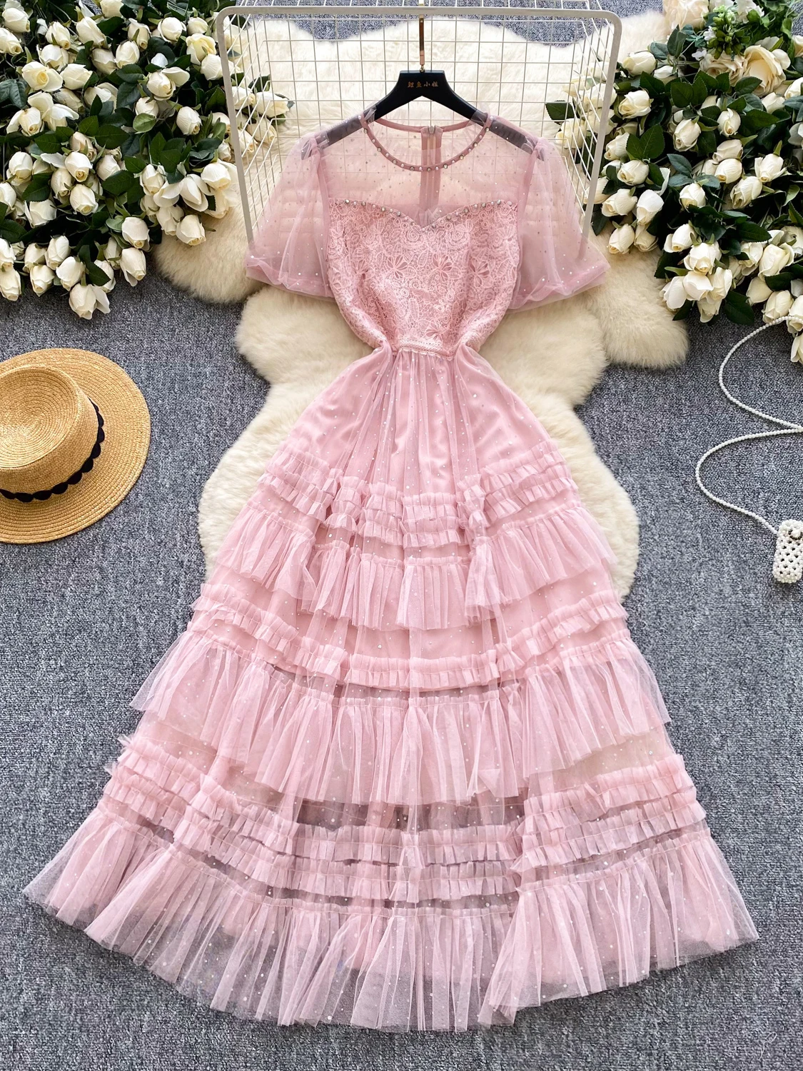 

Lace Patchwork Bubble Sve Waist-Cinching Summer Dr Women's Heavy Embroidery ort Sve A-Line Cake Skirt