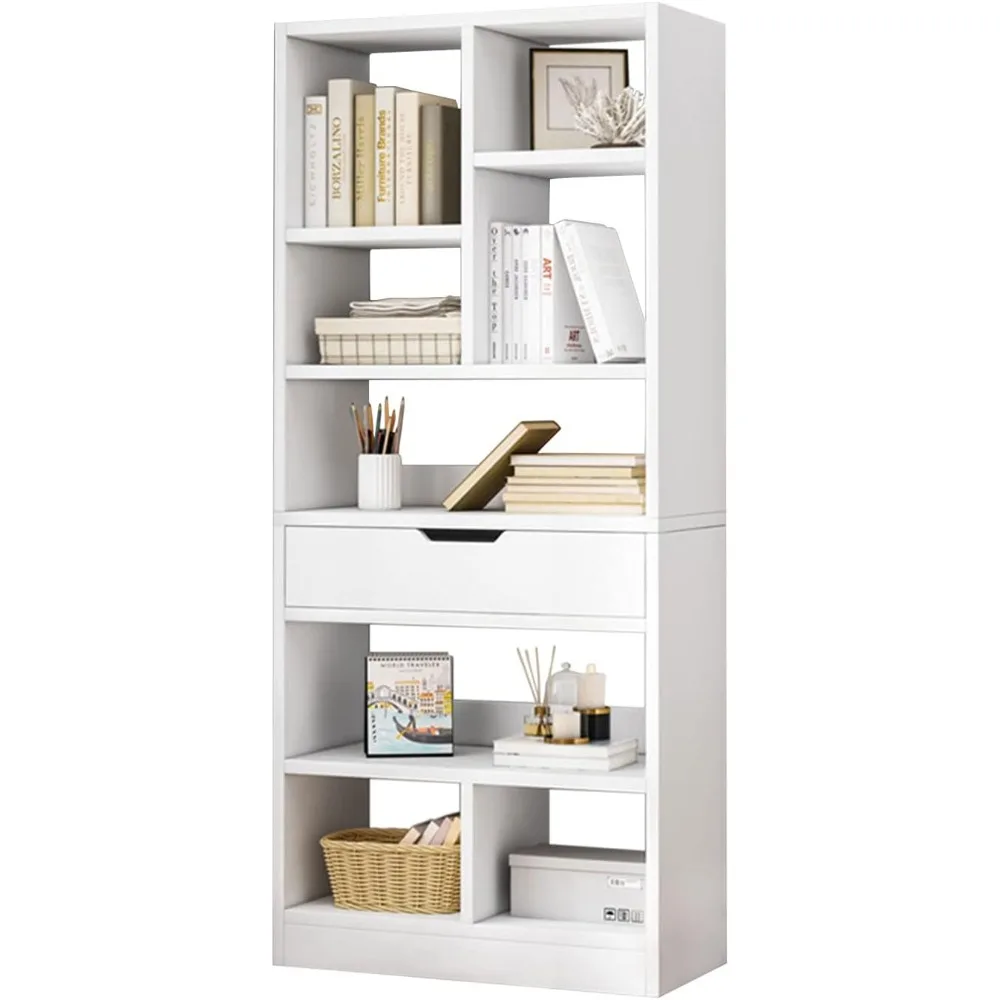 

Wooden Open Shelf Bookcase - 61" Height Free Standing Display Storage Cabinet Organizer with 8 Cubes and a Drawer