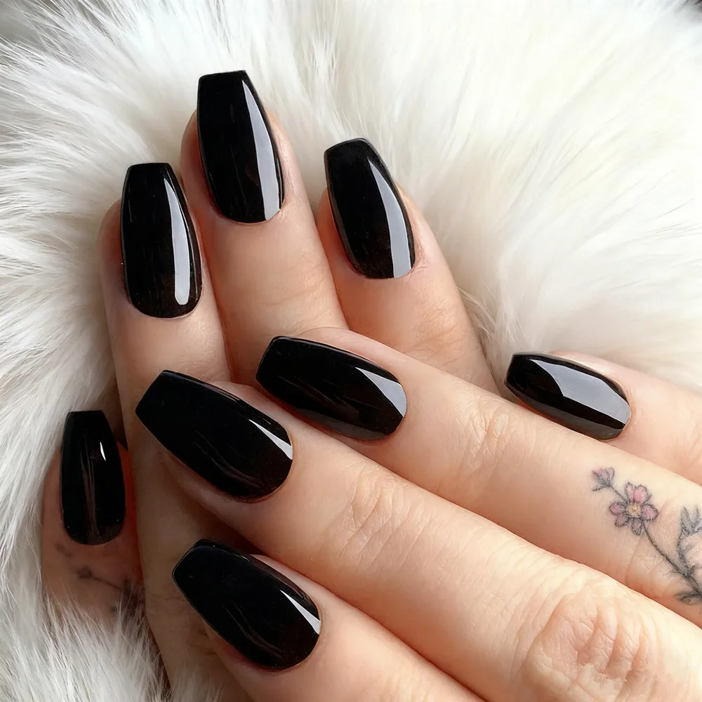 48Pcs Shiny Black Fake Nails With Glue Acrylic Press On False Nails Short Ballerina Coffin Shaped DIY Finger Manicure Tool