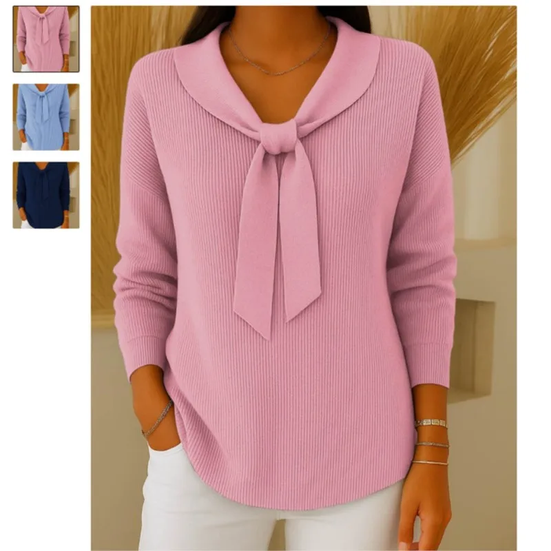 

2025 New Autumn And Winter Casual Commuting Women's Knitted Tops Fashionable Solid Color Doll Collar Long-sleeved Loose Pullover
