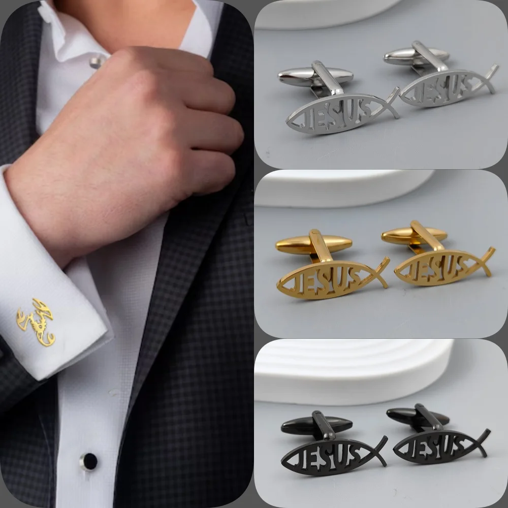 Creative Jesus fish cufflinks, high-end French shirt cuff accessories, men\'s business jewelry, Father\'s Day gift wholesale