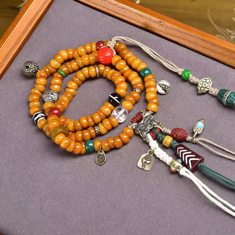 108 Yak Bone Large Intestine Necklace Multi-Loop Bracelet Agate Dzi Beads Accessories