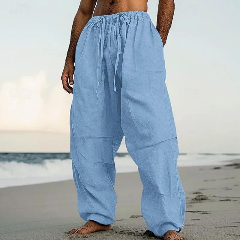 Daily Leisure Loose Pants Mens Summer Beach Seaside Breathable Solid Color Pants Vintage Mens Drawstring Waist Lace-up Trousers