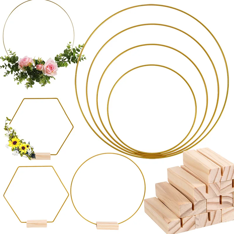 20-35cm Wedding Wreath Metal Ring Hoop With Wooden Base Artificial Flowers Metal Garland For Wedding Christmas Party Table Decor