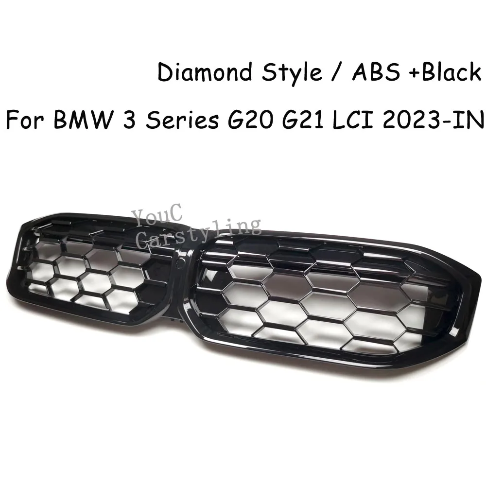 G20 Diamond Style Grille For BMW New 3 Series G20 G21 320i 325i 330i  Front Bumper Replacement Grille Mesh 2023+LCI Black Silver