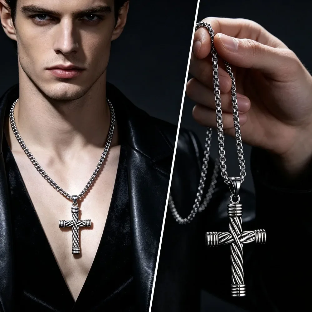 Spiral Column Cross Pendant Necklace for Men Women, Stainless Steel Chain Simple Religious Jewelry Daily Party Wear Gift
