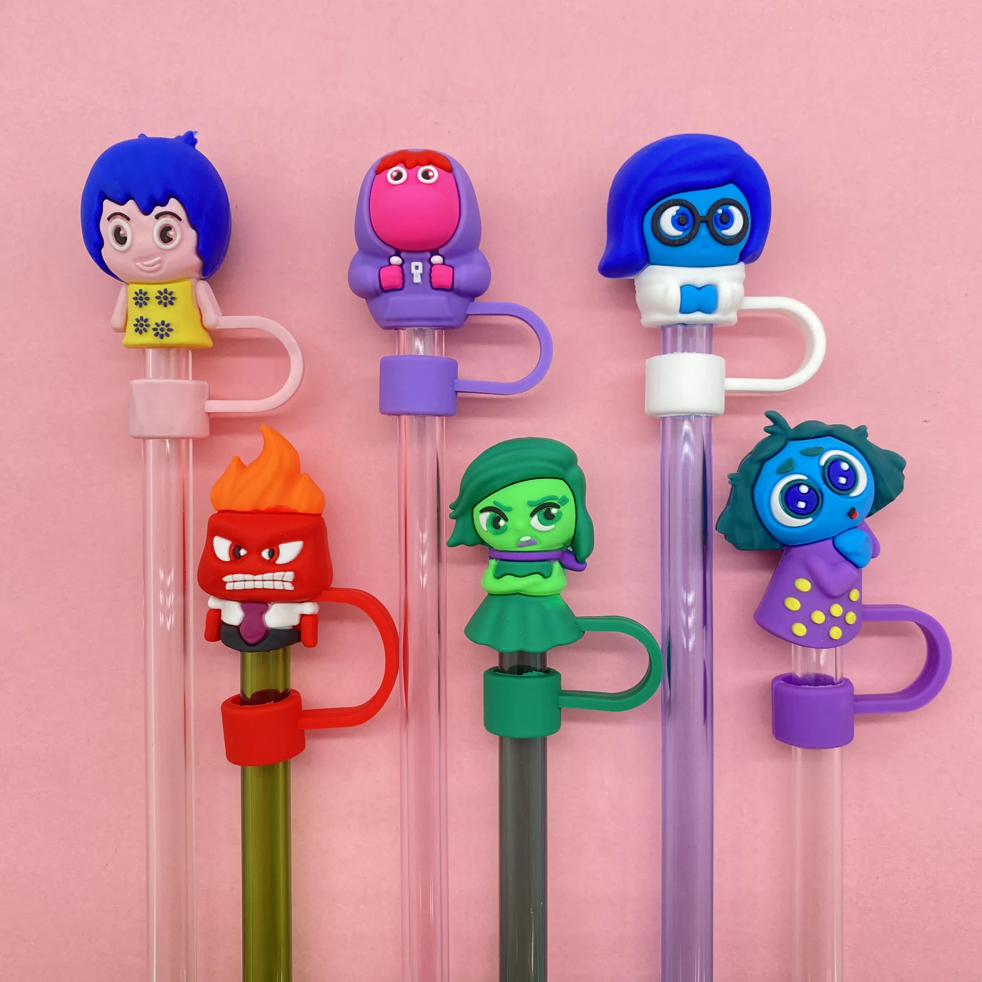 Disney Inside Out 2 Dust Straw Cap Cartoon Movie Joy Anxiety Anger Sad Disgust Fear Straw Cup Silicone Accessory Party Prop Gift