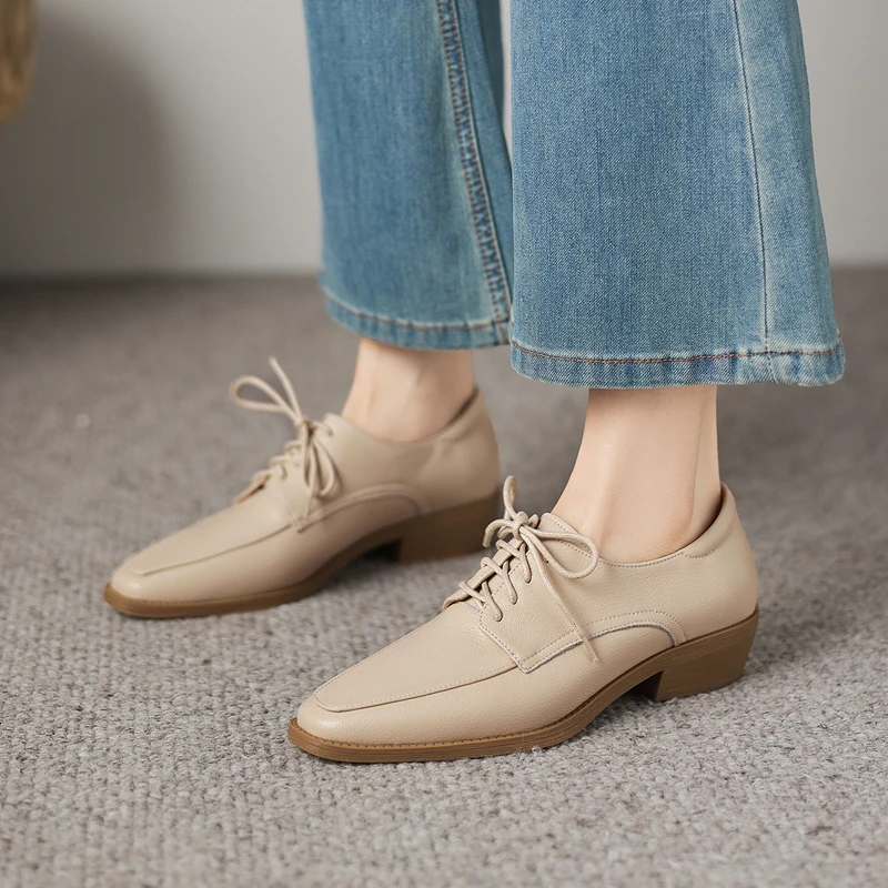 

Women's new spring and autumn genuine leather cowhide square toe lace up mid heel plus size loafers casual fashion shoes