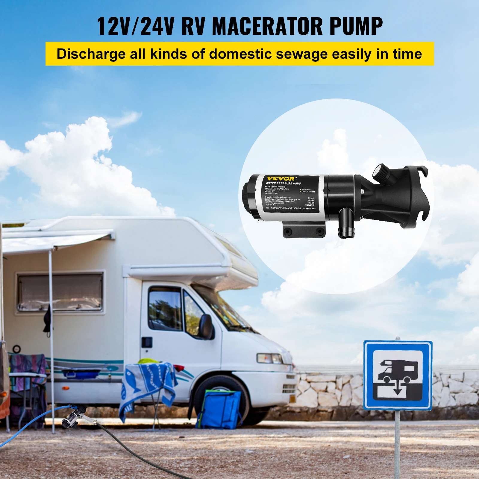 Imagem -02 - Vevor rv Macerator Bomba 12v 24v 12 Gpm Auto-escorvamento Bombas de Resíduos de Água com Conector e Mangueira rv 16 Pés Altura de Elevação para rv Iate