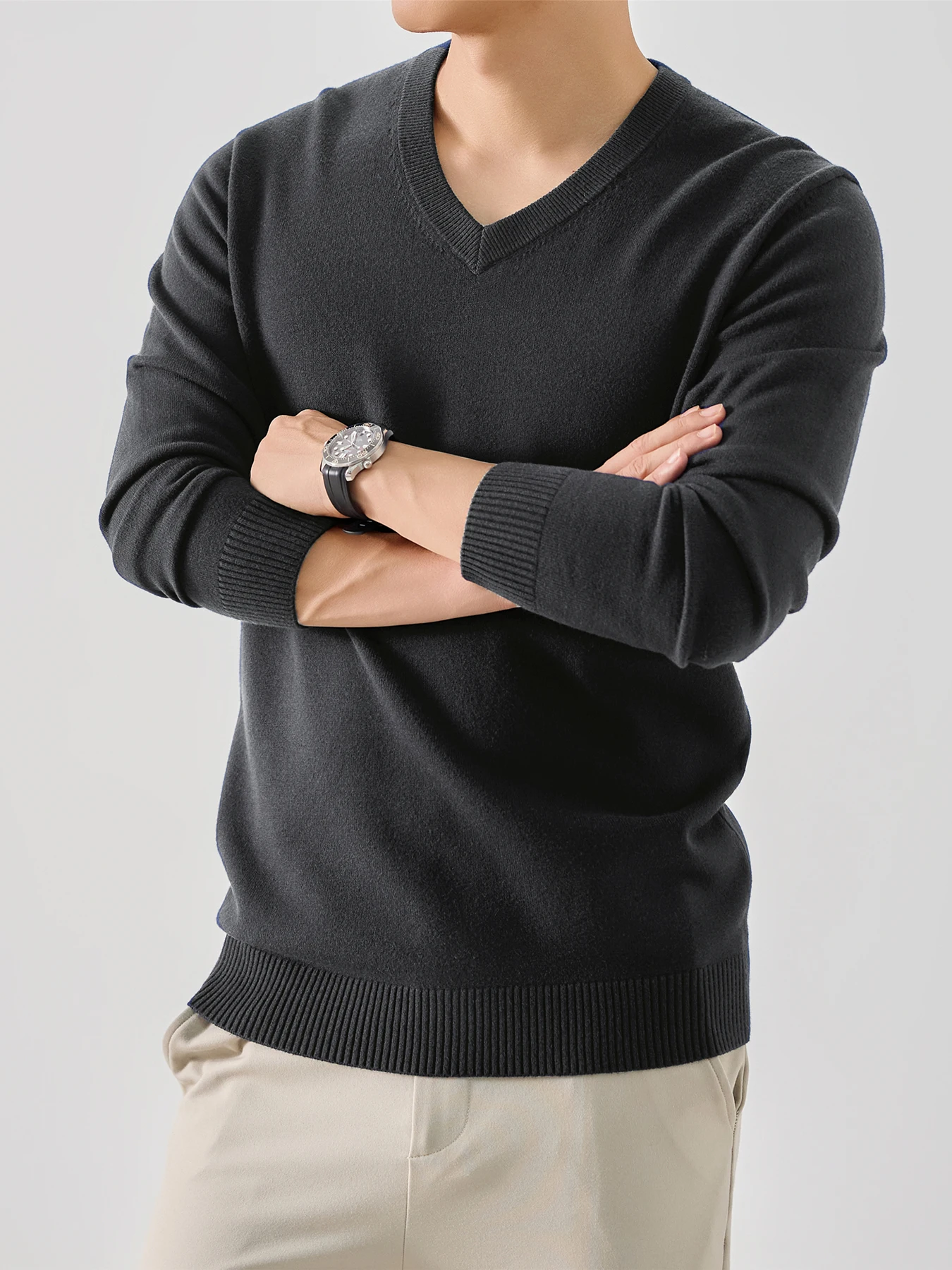 Herren Frühling Herbst Dünner Strickpullover Klassischer V-Ausschnitt Einfarbiges Design Geeignet für Freizeit Sport Geschäftskleidung – Detail 5