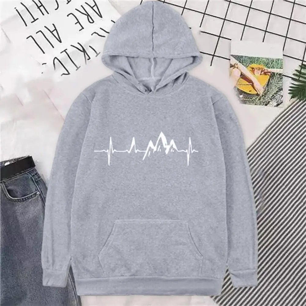 Men Fall Winter Hoodie EKG Print Hooded Long Sleeve Loose Warm Thick Plush Elastic Cuff Solid Mid Length Pullover Men Hoodie