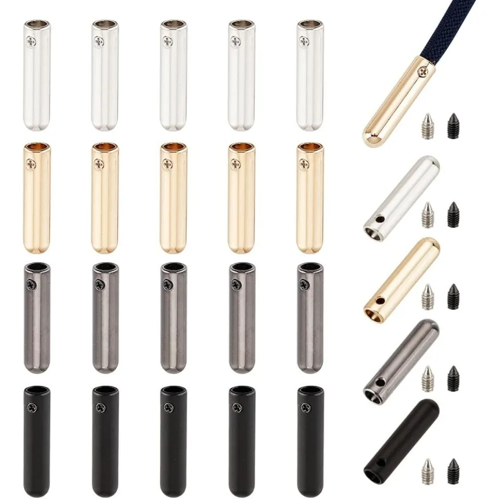 

24 Sets Shoelace Screw 4 Colors Alloy Shoelace Head and Cords End Metal Aglet Replacement Tips for DIY Repairing and Making Kit