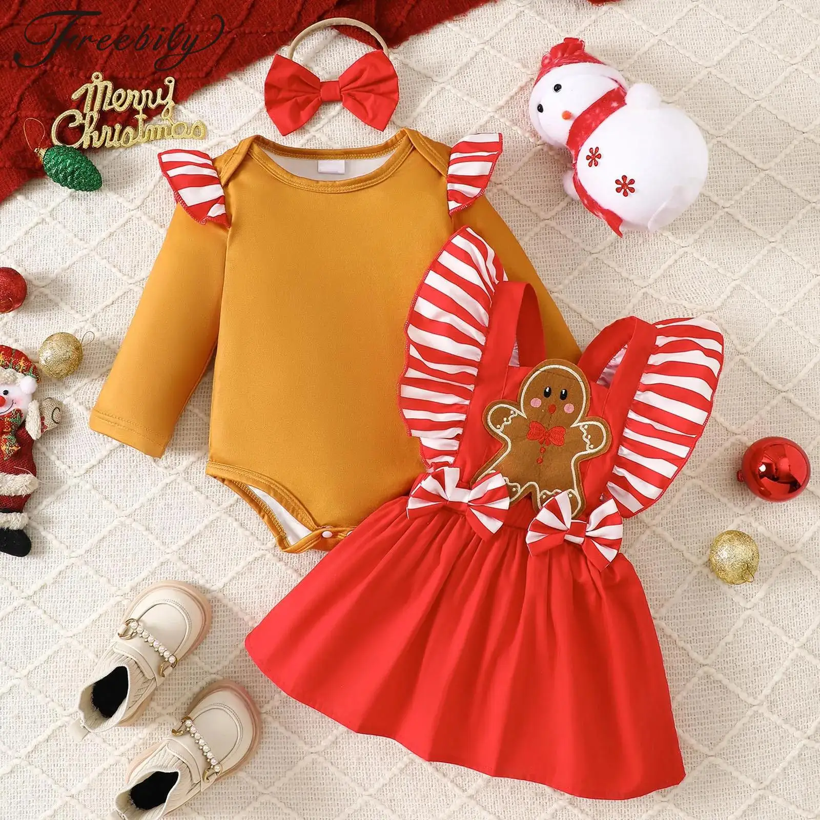 

Baby Girls Christmas Outfit Gingerbread Man Costume Long Sleeve Striped Romper with Overall Dress for Holiday New Year Party