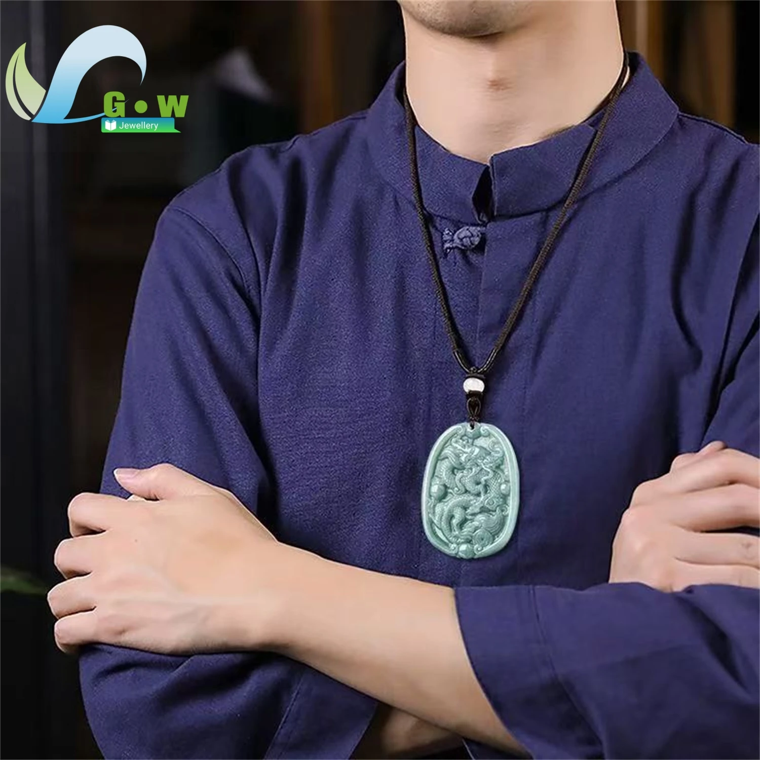 Natural Grade A Jadeite Blue Water Ice Type Dragon Pendant Hanging Jade Amulet Necklace Unisex Carved Gemstone Jewelry Charm
