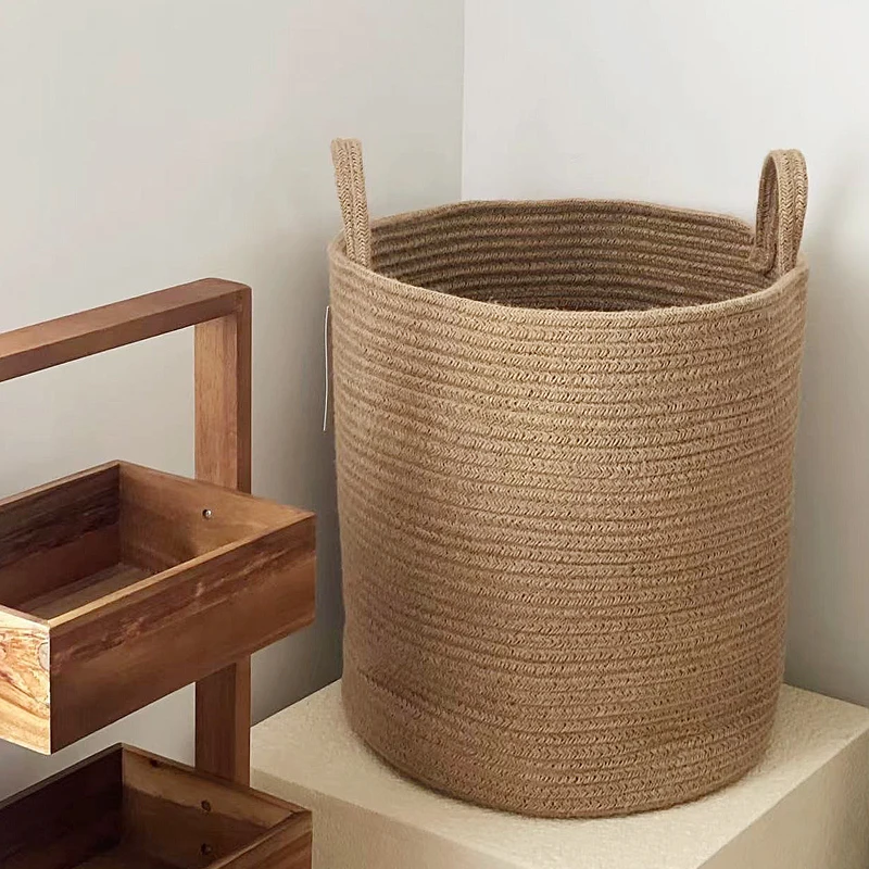 Handmade Woven Dirty Laundry Basket Foldable Cosmetic Storage Bucket Handle Cotton Linen Storage Baskets Clothes Toys Organizer