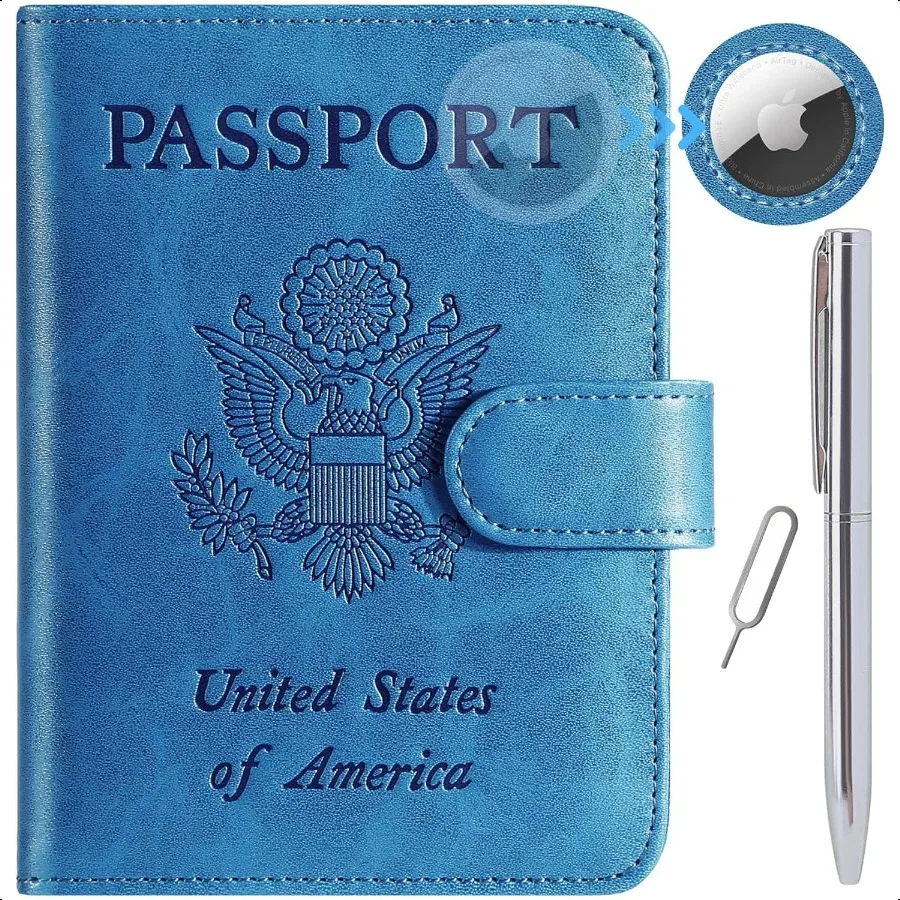 

Airtag Passport Holder Cover Wallet RFID Blocking Leather Case Travel entials Lage Accories Travel Must Have 118Blue
