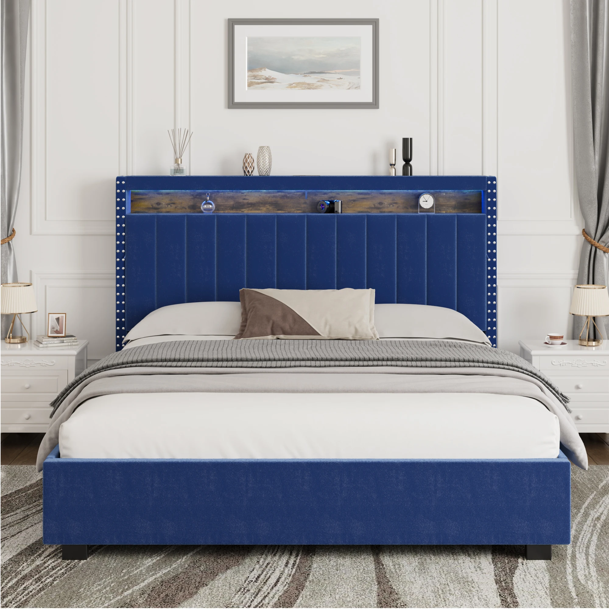 Luxury Gas Lift Storage Bed with RF LED Lights, Storage Headboard, Full Size, Velvet Blue  84x56.20x47.20 in.