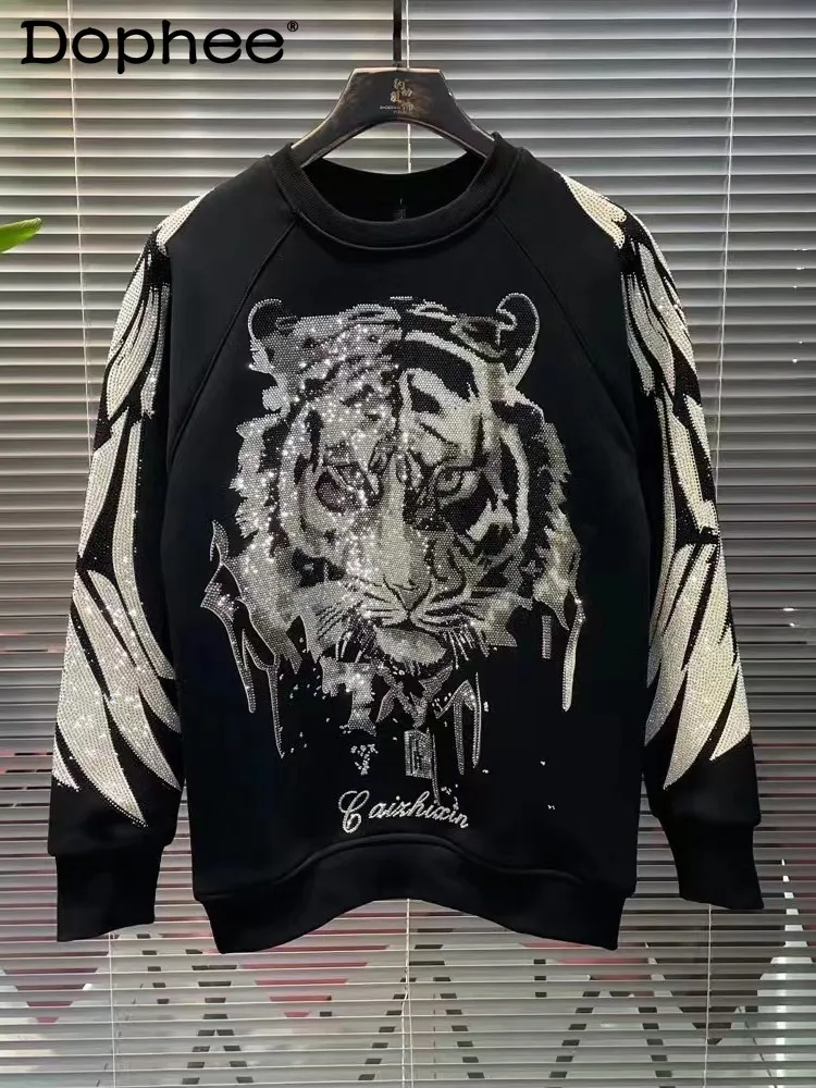 Bild 3: 2025 Herbst Winter Neuer Schwarzer Robuster Strass-Herrenpullover Rundhals Locker Lässiges Langarm-T-Shirt