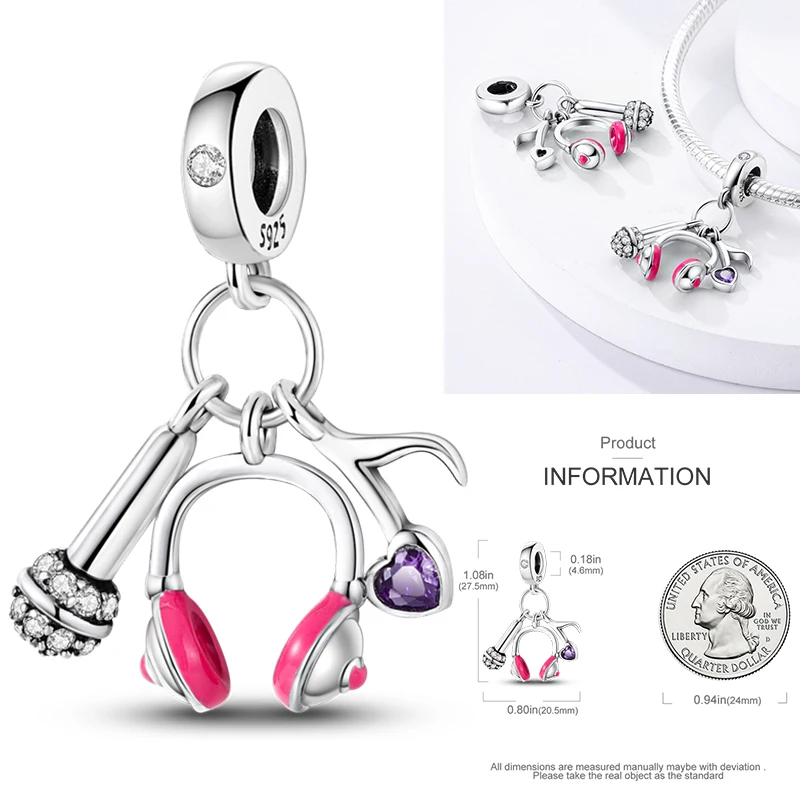 2026 Neuer Musik-Charm aus 925 Sterling Silber, Musiknoten-, Kopfhörer- und Gitarren-Anhänger, passend für europäische Armbänder, DIY-Geschenk für Frauen – Detail 7