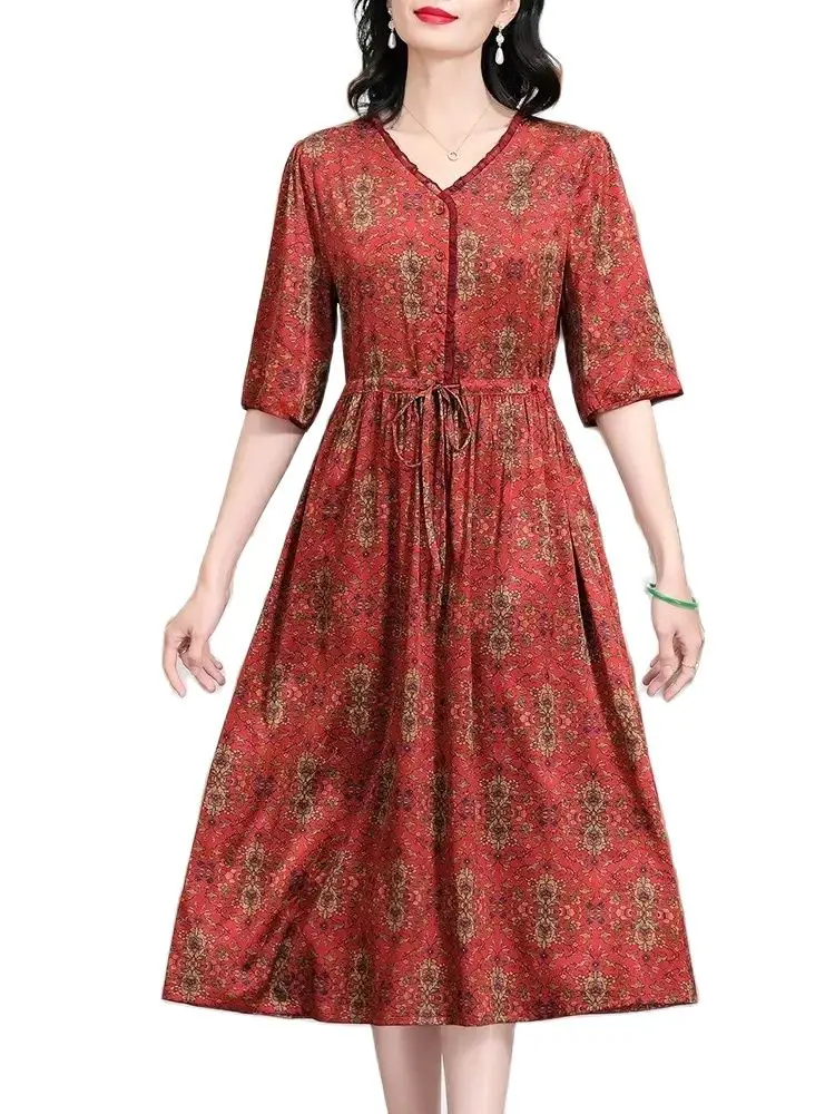 BirdTree 93%Real Silk Elegant Dress For Women, Half Sleeve Lace-up, Printed Commute Temperament Dresses, 2024 Summer  D42257QC