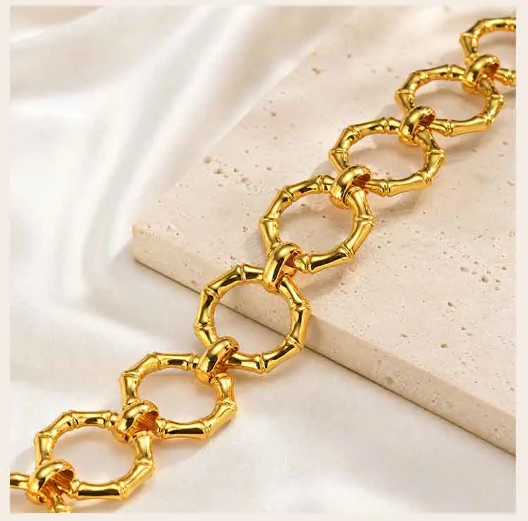 18K Vergoldetes Bambus-Gliederarmband für Damen, Chunky Kreiskettenarmband mit Knebelverschluss, Edelstahl Statement-Schmuck Geschenk – Detail 4