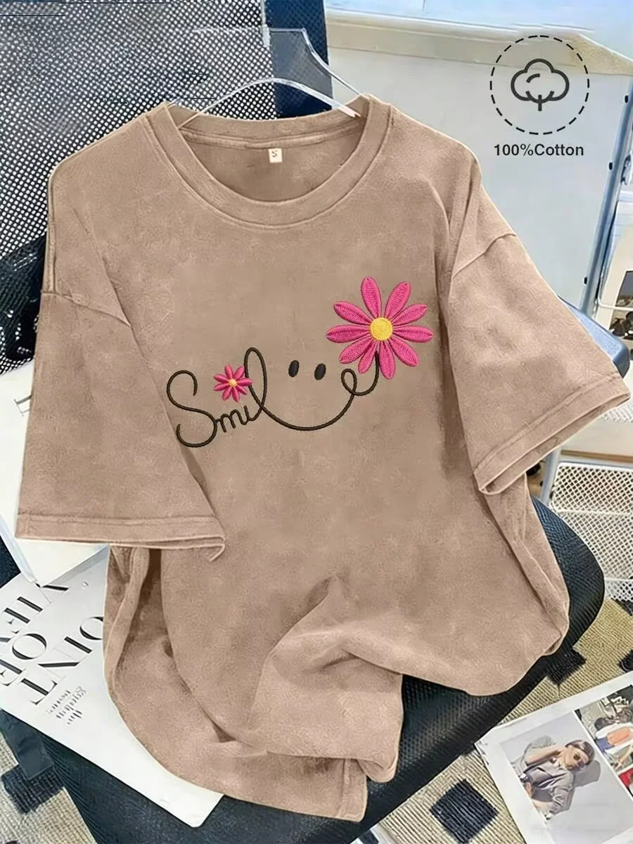 Women's Vintage Washed Cotton T-Shirt New Summer Style American-Style Floral Face Print 100 Cotton Comfortable And Fashionable V