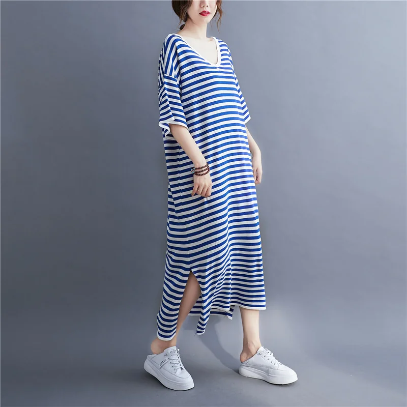 #3349 Blue Striped Knitted Dress Women V-neck Elastic T Shirt Dress Short Sleeve Sexy Loose Split Long T-shirt Dresses Summer